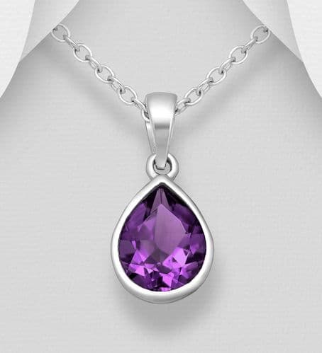 925 Sterling Silver Droplet Solitaire Pendant Chain, Decorated with A Pear Shape Amethyst Stone